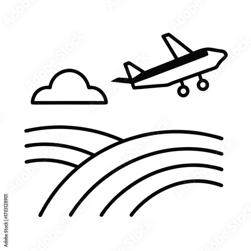 Airplane taking off above agricultural farm landscape vector line art on white background