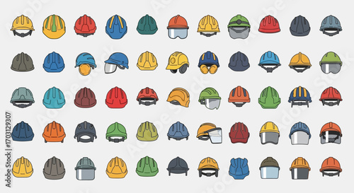 A diverse collection of colorful illustrated safety helmets and hard hats for construction and industry arranged in a grid.