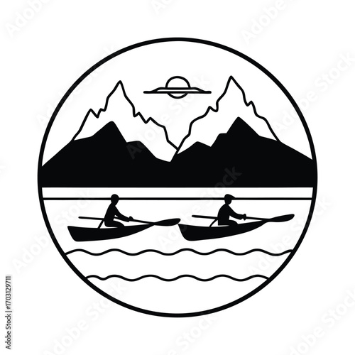 Kayakers paddling on a mountain lake in scenic view vector line art on white background