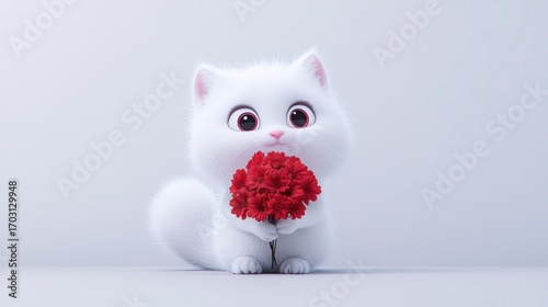 super cute baby white pet cute cat, cat smile, shiny white fluff, bright big eyes, fluffy tail, holding a bunch of red flowers in hand, smile, delicate and delicate,