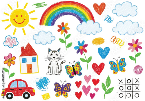 Adobe illustrator artwork vector illustration. A vibrant collection of childish doodles: a family, a house, a rainbow, trees, and flowers