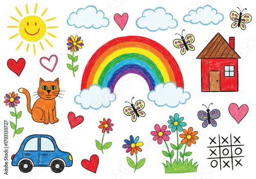 Adobe illustrator artwork vector illustration. A vibrant collection of childish doodles: a family, a house, a rainbow, trees, and flowers
