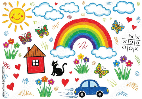 Adobe illustrator artwork vector illustration. A vibrant collection of childish doodles: a family, a house, a rainbow, trees, and flowers