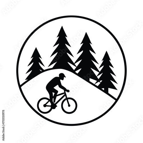Mountain biker silhouette against pine forest background vector line art on white background