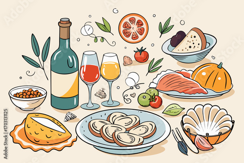 Vector art of a delightful assortment of culinary delights featuring wine, seafood, fruits, and vegetables in a charming illustration
