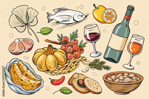 Vector art of a vibrant assortment of culinary delights featuring wine, seafood, fruits, and vegetables in a charming illustration