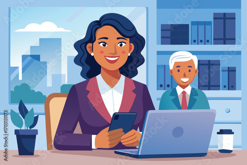 Vector art of smiling businesswoman using smartphone at desk with laptop and colleague in background illustration