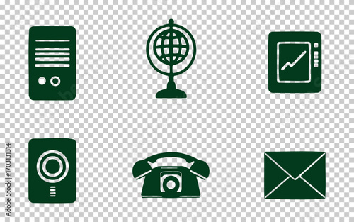 Collection of communication and global technology icons featuring a globe, telephone, computer, and documents displayed on a transparent background