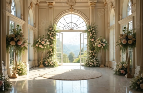 Elegant wedding ceremony in grand hall with ornate architecture. Floral arrangements  pastel pink  green  white flowers adorn space. Soft sunlight streams through arched windows  revealing