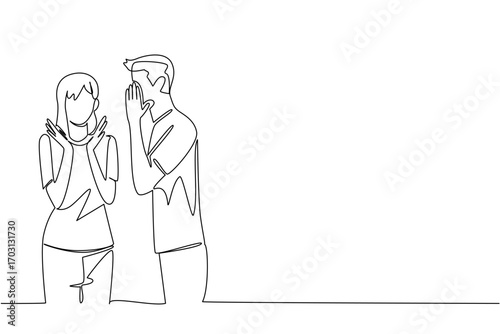 Continuous one line drawing a man whispers to a woman who raises both her hands. Seduced by whispering romantic love sentences. Very loving. Surprise. Single line draw design vector illustration