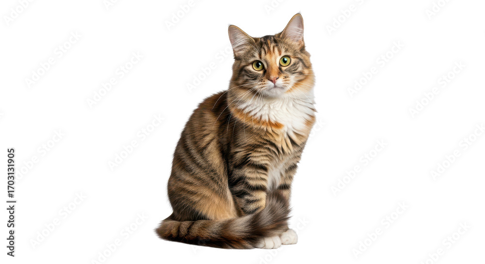 Fototapeta premium Domestic tabby cat sitting on white background, fluffy brown and orange calico cat with long fur, beautiful feline pet portrait for veterinary and animal care