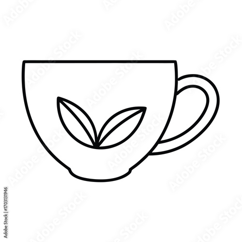 herbal tea cup with leaves vector line art on white background