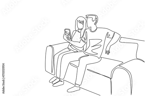 Continuous one line drawing man and woman sitting on sofa looking at smartphone. Feeling enthusiastic. Quality time even with simple activities. Surprise. Single line draw design vector illustration