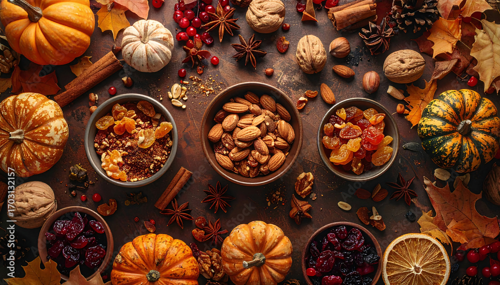 Fototapeta premium Thanksgiving Flat Lay with Mini Pumpkins, Cinnamon Sticks, Walnuts, Star Anise, Dried Fruits, Orange Slices, Colorful Berries, Autumn Leaves, and Seasonal Spices on Rustic Dark Wooden Background