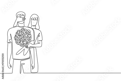 Single continuous line drawing a woman standing behind a man covering the eyes of a man with one of her hands. Happy to give surprises. Care. Loving. Surprise. One line design vector illustration