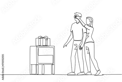 Single continuous line drawing a woman stands behind man covering the eyes of a man with both of hands. Happiness. Joy. Cheerful. Glad. With the beloved. Surprise. One line design vector illustration