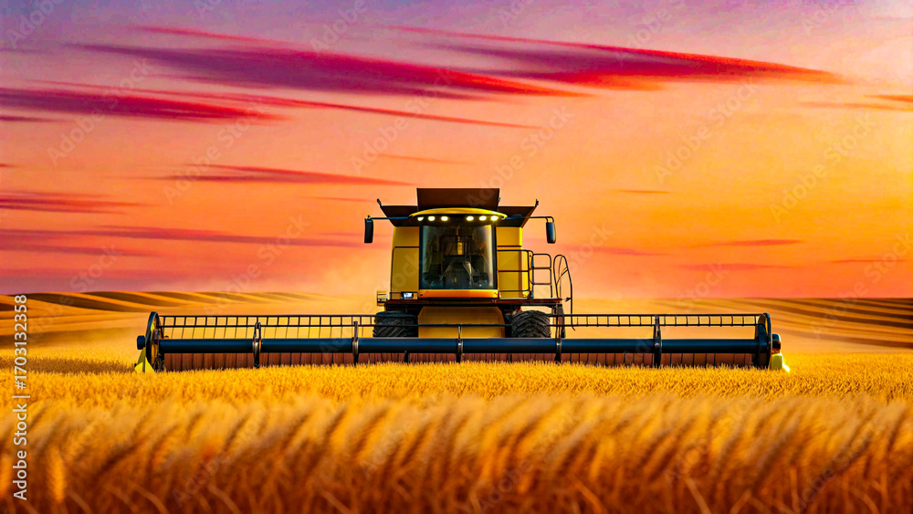 Fototapeta premium Combine harvesting wheat field at sunset golden hour