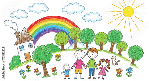 Adobe illustrator artwork vector illustration. A vibrant collection of childish doodles: a sun, trees, flowers, and various animals like birds, a snail, and a ladybug