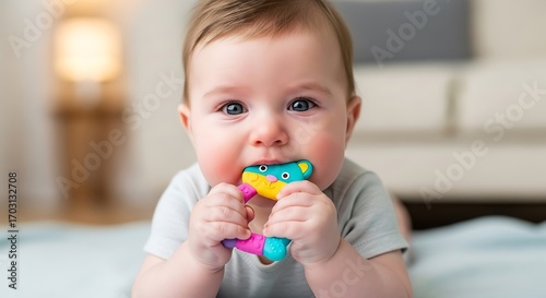Adorable infant engrossed in colorful teething toy, showcasing a close-up view of a baby's innocent expression and playfulness.