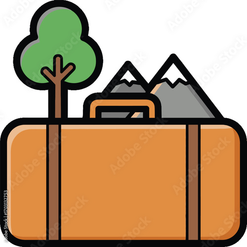 An orange suitcase with a tree and mountains on top, representing travel and adventure.