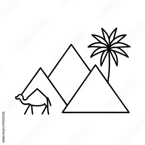 Egyptian pyramids with desert landscape vector line art on white background