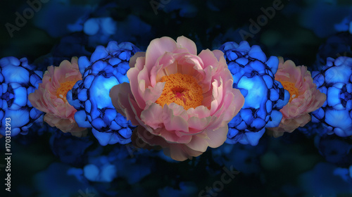 Midnight Bloom — Pink Peony Among Electric Blue Orbs