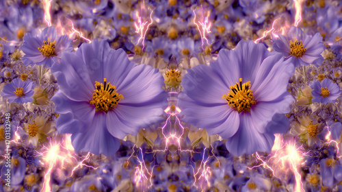 Electrified Mirror — Twin Violet Cosmos Struck by Neon Lightning