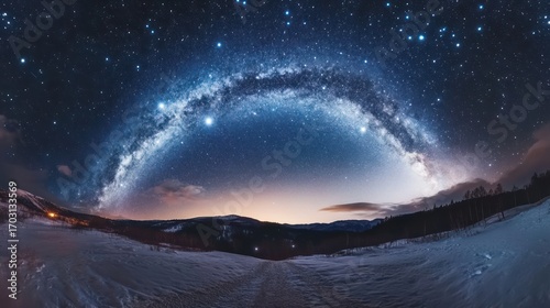Vast expanse of night sky with milky way arching over snow-covered landscape.
