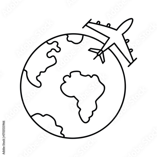 Airplane flying around globe vector line art on white background