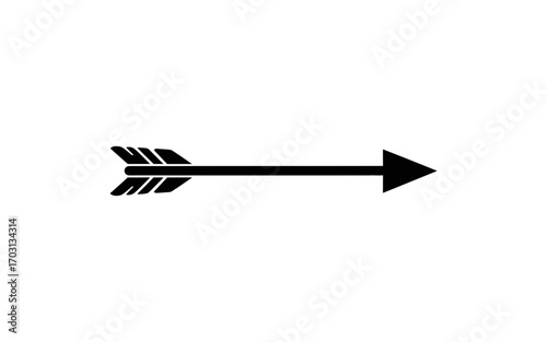A simple black arrow pointing right with feathered fletching and a sharp arrowhead on a white background