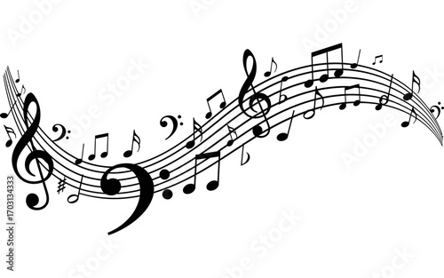 Illustration of musical notes and symbols arranged on curved staffs creating a flowing musical pattern design
