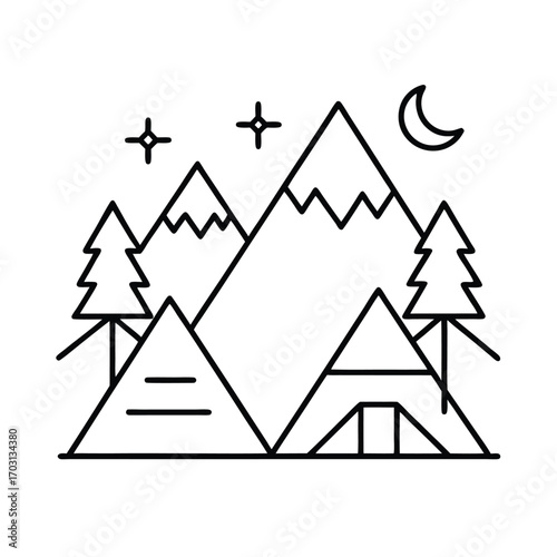 Colorful outdoor camping adventure vector line art on white background