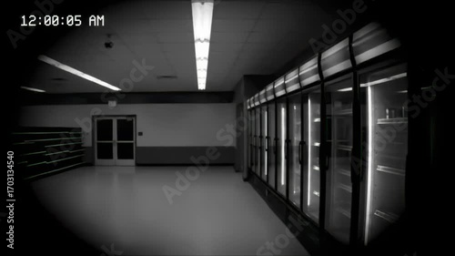 CCTV empty convenience store with humming fridges and glitching timestamp