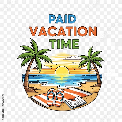 A cheerful, vibrant graphic design illustrates a beach scene at sunset with the text 