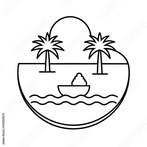 Desert oasis with palm trees vector line art on white background