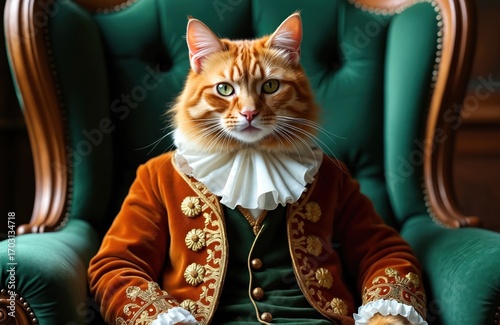 Orange cat, dressed in luxurious Victorian attire, sits regally on plush green velvet chair. Feline aristocrat sports ornate velvet jacket, ruffled collar, exuding air of distinguished, humorous,