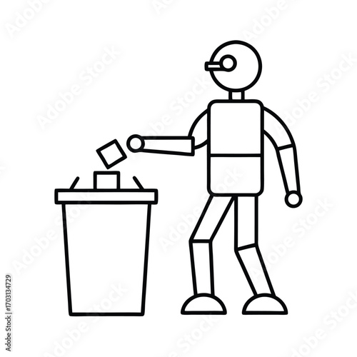 Eco robot collecting recyclables vector line art on white background