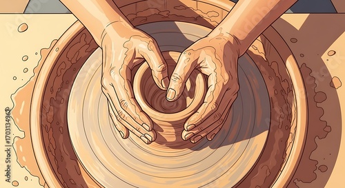 Potter's hands shaping clay on a spinning wheel with artistic lighting