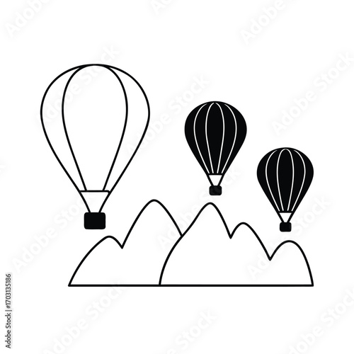 hot air balloons floating over landscape vector line art on white background