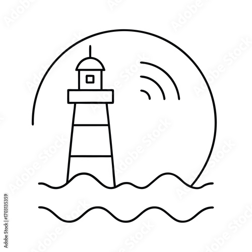 lighthouse by rocky coast with waves vector line art on white background