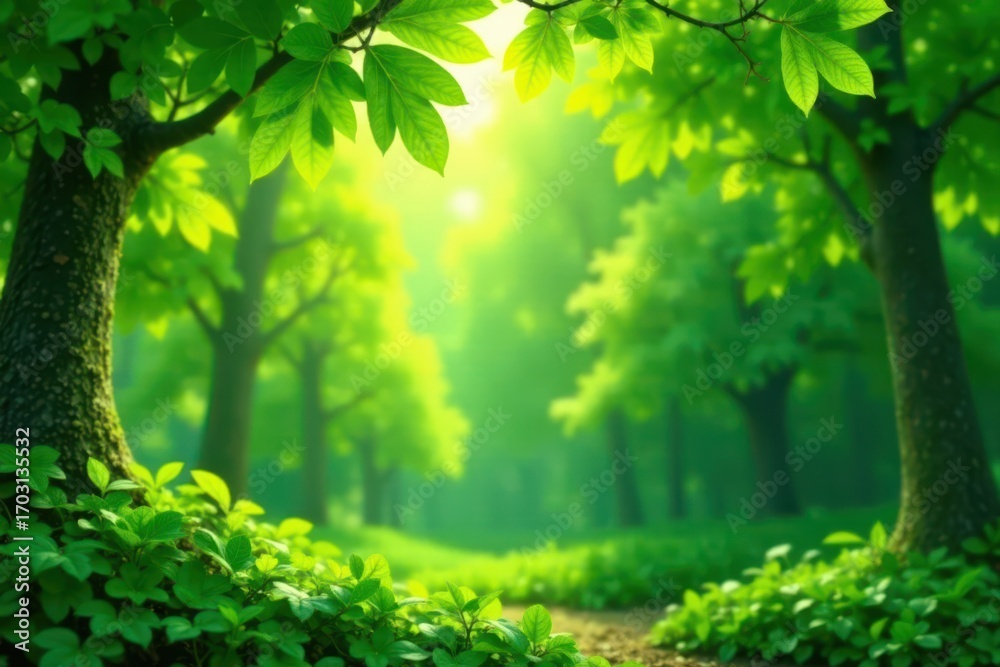 Fototapeta premium Lush green foliage backdrop with sunlight dappling leaves, green, greenery, dappled light