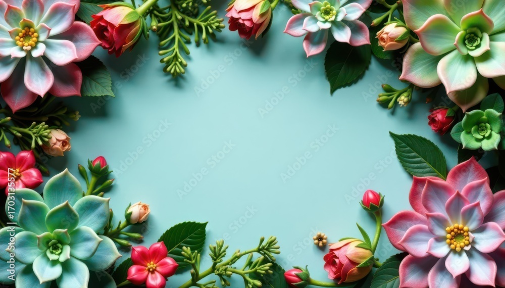 Fototapeta premium Minimalist succulent floral frame, Christmas backdrop , Christmas, wallpaper mockup, flatlay
