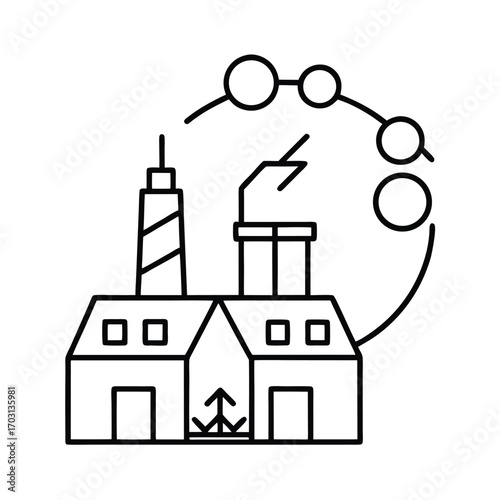 renewable energy powered recycling plant vector line art on white background