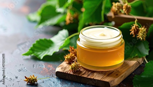 Golden Brown Cream Jar with Green Leaves