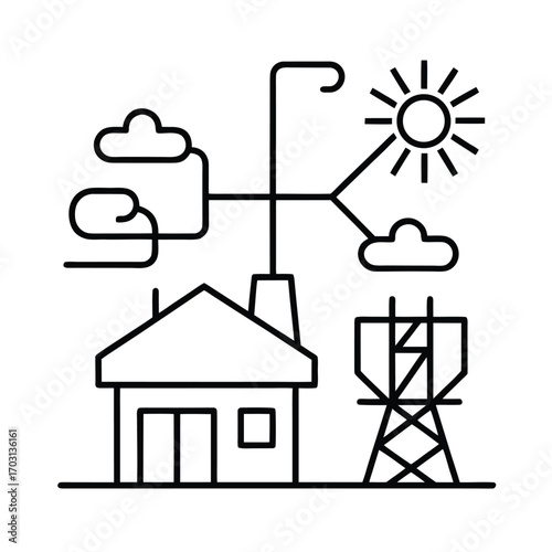 smart grid system connecting renewable energy vector line art on white background