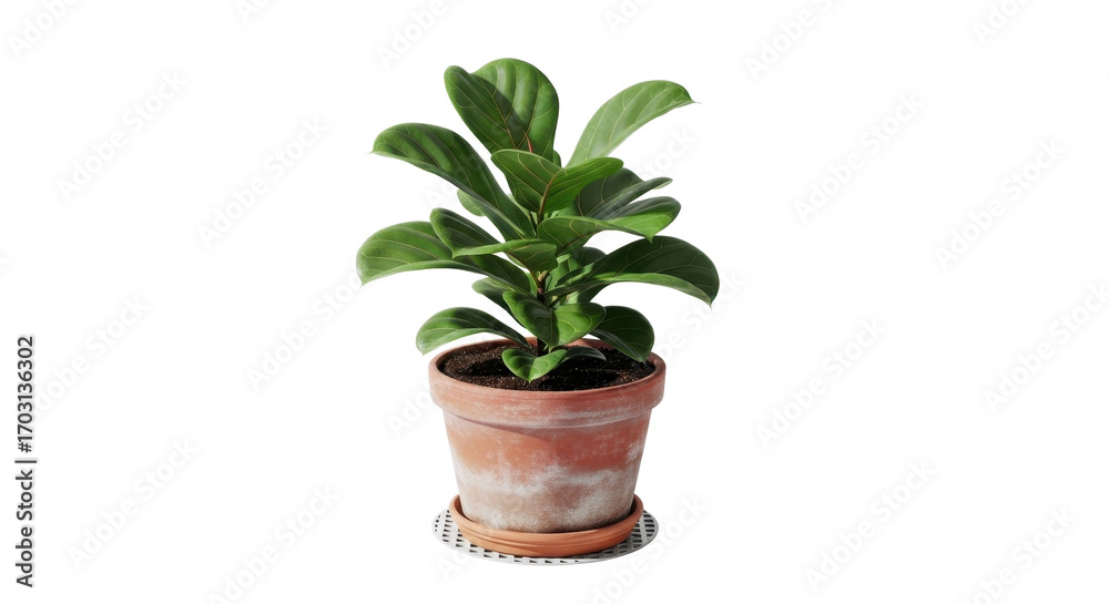 Fototapeta premium Potted green houseplant in terracotta clay pot, small indoor plant with lush leaves, decorative ceramic planter isolated on white background PNG