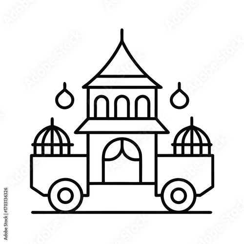 traditional marketplace with decorative stalls vector line art on white background