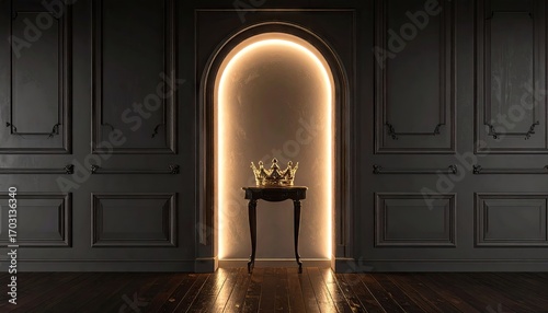 Golden Crown on Pedestal in Dark Room with Archway