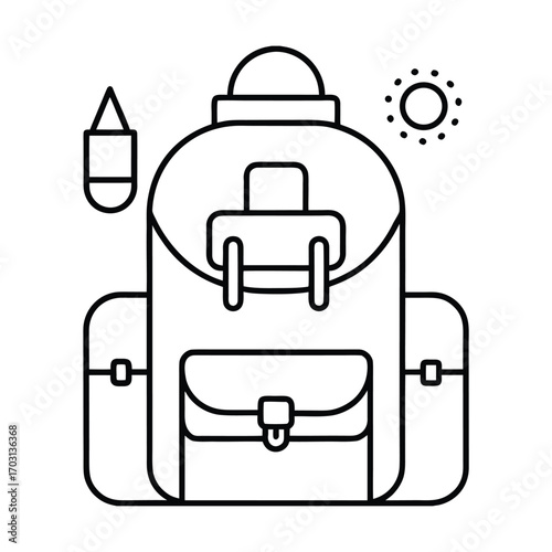 tourist backpack with travel accessories vector line art on white background
