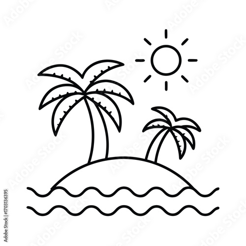 tropical island with palm trees and beach vector line art on white background
